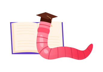 A charming and whimsical illustration of a cute little bookworm happily wearing a graduation cap next to an open book