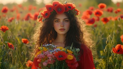 Naklejka premium Enchanting Young Woman with Floral Crown Surrounded by Vibrant Poppy Field at Golden Hour, Capturing the Essence of Nature and Beauty in a Stunning Landscape