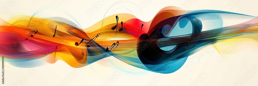 Poster dynamic sound waves flow seamlessly, intermingling musical notes and instruments in vivid colors tha