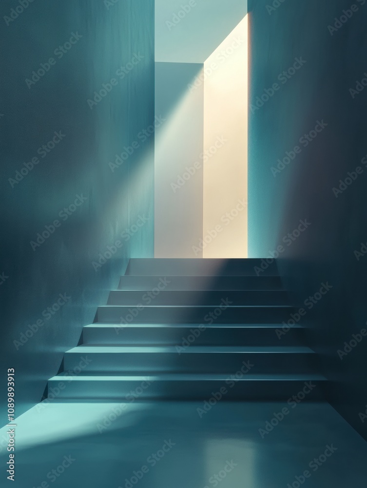 Leinwandbilder Soft light streams through an open doorway at the top of stairs, creating an inviting atmosphere in a minimalistic setting. Generative AI