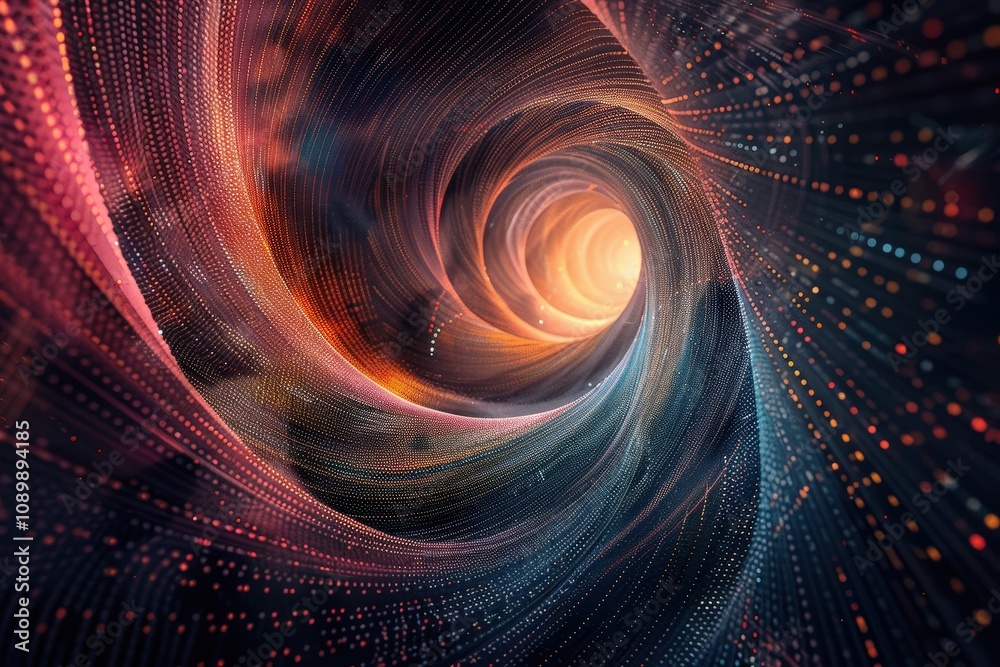 Poster vivid swirl of colored particles and light creating a dynamic tunnel effect in a digital universe