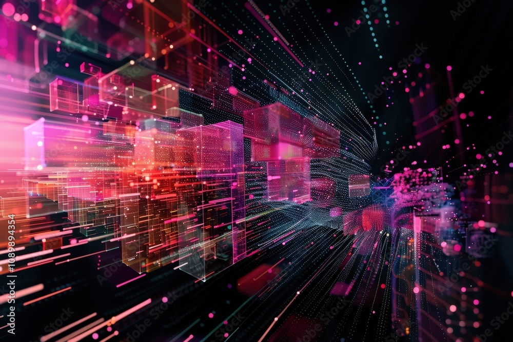 Poster vivid swirl of colored particles and light creating a dynamic tunnel effect in a digital universe