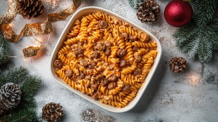 Fototapeta premium Delicious Home-Cooked Pasta Dish with Sausage and Cheese Served in White Casserole Dish Surrounded by Festive Holiday Decor and Pine Cones