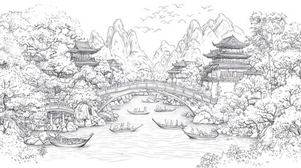 Obraz premium serene line art illustration of Japanese bridge crossing river, surrounded by mountains and traditional buildings. scene captures beauty of nature and architecture harmoniously