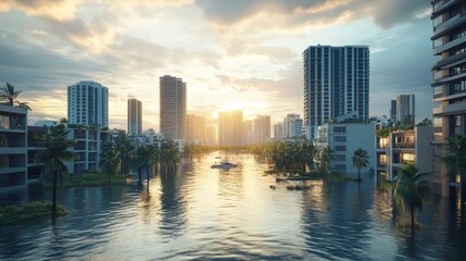 Fototapeta premium Coastal City Flooded by Rising Waters, People Seeking Higher Ground - Urgent Call for Climate Action in the Face of Rising Sea Levels & Environmental Disaster. Hyper-realistic 8K Photography, Focused 