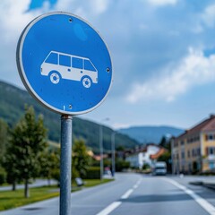 Fototapeta premium Bus stop sign in rural Slovenian village on summer day.