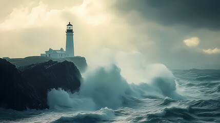 Fototapeta premium A lighthouse on a rocky cliff with stormy waves crashing around it. Stormy Lighthouse Cliff. Illustration