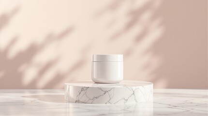 Minimalist cosmetic container on marble with natural shadows