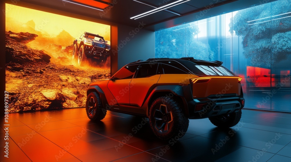 Poster a yellow suv is parked in a showroom with a large screen behind it. the screen depicts a similar car