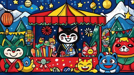 Colorful Japanese festival stall with cheerful characters and decorations. vibrant scene features traditional elements, evoking festive atmosphere filled with joy and celebration