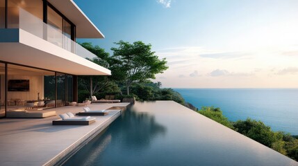 Fototapeta premium Modern House with Infinity Pool Overlooking the Ocean