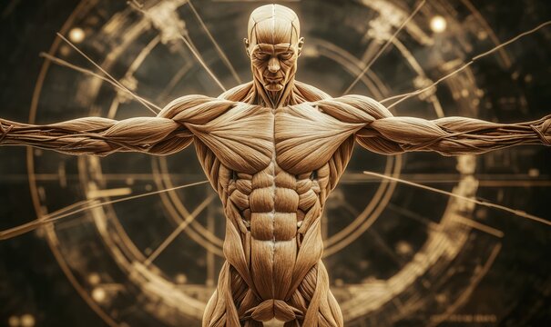Vitruvian man, the structure of human muscles, biology of the muscular system. Human anotomy concept