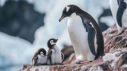 Fototapeta premium Penguins caring for their chicks in the Antarctic during the cold season