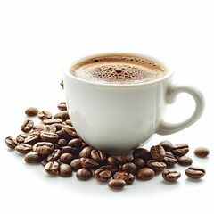 Coffee cup with coffee beans isolated on white  Coffee