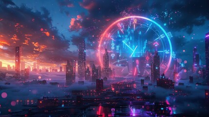 Fototapeta premium A futuristic cityscape with a glowing clock in the sky. The city is made of towering buildings, and the clock is a bright blue and pink. The clouds are a vibrant orange and pink.