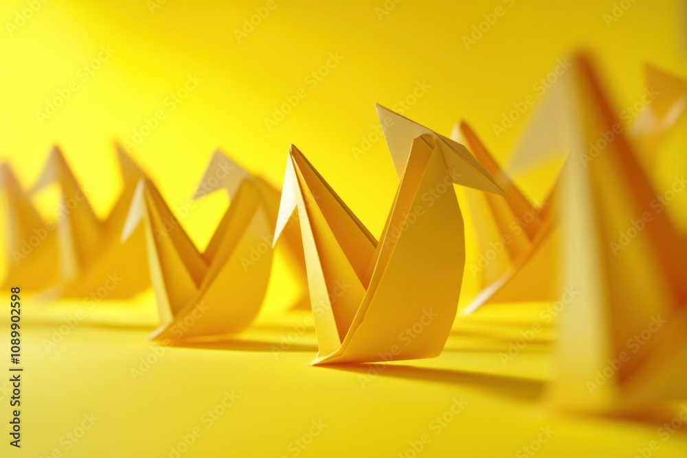 Poster A series of yellow origami ducks are neatly lined up against a vibrant yellow backdrop, showcasing intricate folds and details. Generative AI