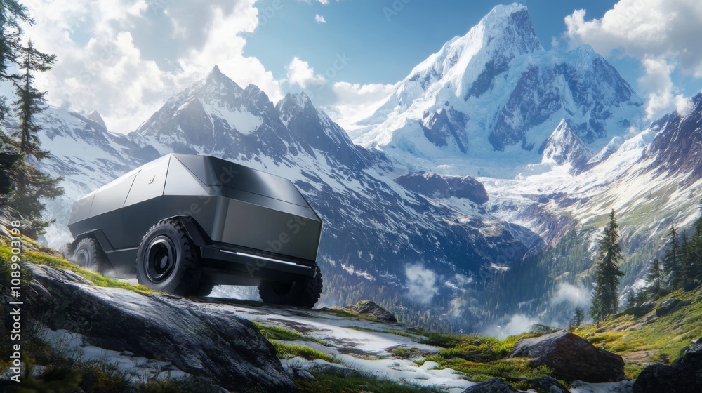 Poster a gray truck drives up a steep, rocky path in the mountains. the mountains are covered in snow and t