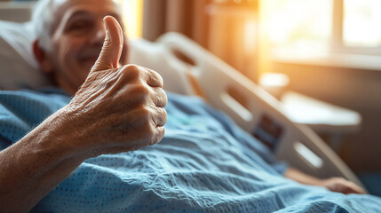 Fototapeta premium 高齢患者の病室でのグッドサイン