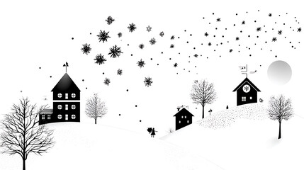 Fototapeta premium serene winter landscape featuring black silhouettes of houses, trees, and snowflakes against white background. scene evokes peaceful, snowy atmosphere