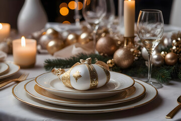 Naklejka premium Elegant Christmas table setting with candles, golden ornaments, and bokeh lights in the background