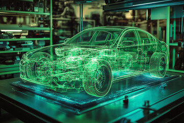 Obraz premium An advanced automotive diagnostic hologram displaying real-time engine metrics, neon green interface.