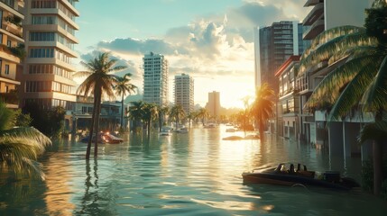Obraz premium Urgent Call for Climate Action in Coastal City as Rising Sea Levels Cause Flooding – Risk Mitigation, Climate Change, Ultra Realistic, Photorealistic 8K Detail