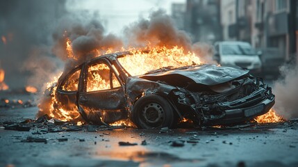 Engulfed in flames, a burned-out car sits abandoned on a city street