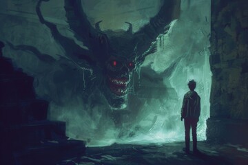 Fototapeta premium Dark sorcerer confronts a menacing dragon in a gothic cathedral at dusk, surrounded by flickering candles and ominous shadows