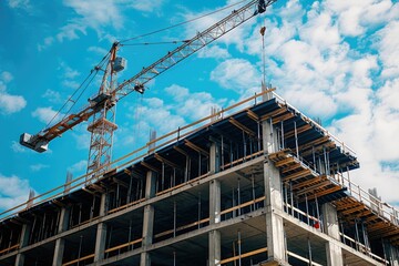 Construction site with cranes against blue sky background.