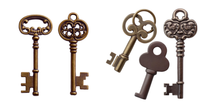 Vintage Keys on Transparent Background, PNG collection, set bundle, isolate on transparent or white background