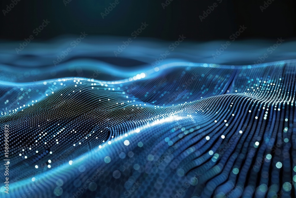 Fototapete Visual representation of digital waves in blue tones with glowing particles, resembling futuristic technology and data flow
