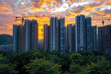 Obraz premium Day view of the construction site with cranes and building against a beauty sky