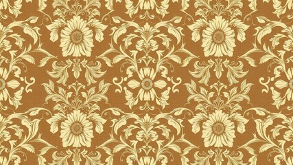 Intricately designed Seamless Damask wallpaper in luxurious gold and white tones, interior design, vintage