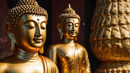 Side face of Buddha with golden Buddha on background, ai