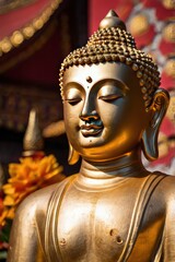 Side face of Buddha with golden Buddha on background, ai