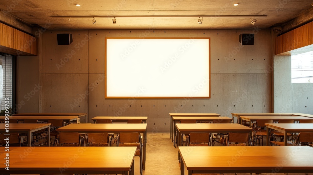 Poster modern classroom with blank screen and wooden tables