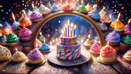 Obraz premium Many cupcakes with candles on a table