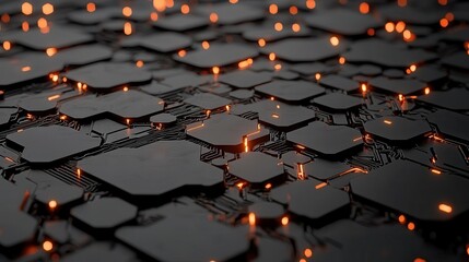 Obraz premium A close-up view of a dark, textured surface with glowing accents, resembling a futuristic circuit board or abstract technology design.