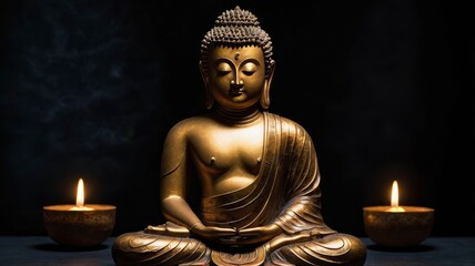 Fototapeta premium Statue of Buddha sitting in meditation with black space on the left hand side, ai