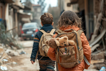 child in a war zone with teddybear, escape without hope