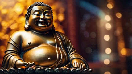 Obraz premium edited image of laughing buddha idol with abstract and glow light.speaceful smiling buddha statue with focus on subject.background image of laughing buddha.isolated face of a smiling buddha statue, ai