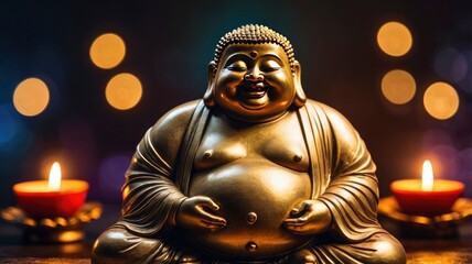 Fototapeta premium edited image of laughing buddha idol with abstract and glow light.speaceful smiling buddha statue with focus on subject.background image of laughing buddha.isolated face of a smiling buddha statue, ai