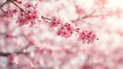 Obraz premium Pink sakura petals gracefully falling creating a soft and dreamy background, dreamy, serene