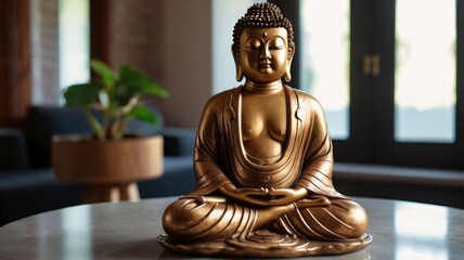 Fototapeta premium Buddha statuette home decoration in living room with soft light and window, ai
