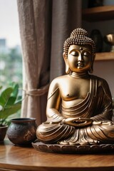 Fototapeta premium Buddha statuette home decoration in living room with soft light and window, ai