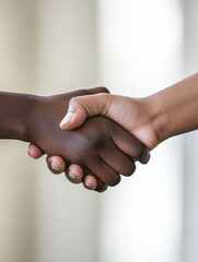 Two people shaking hands, close up, one hand of color,  young or female hands, in agreement,  or family saying goodbye