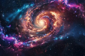 Obraz premium Vivid spiral galaxy illuminated by vibrant colors showcasing cosmic dust and stellar formations in the vast universe