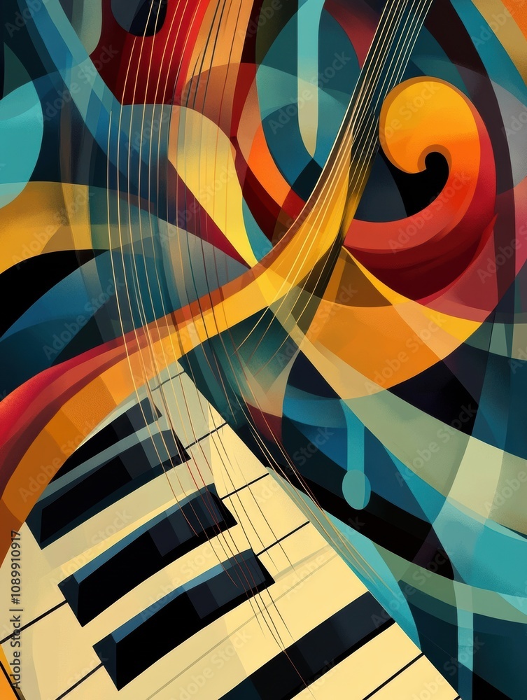 Poster Dynamic colors and abstract shapes depict sound waves and musical notes, capturing the lively spirit of music. A radiant visual symphony. Generative AI