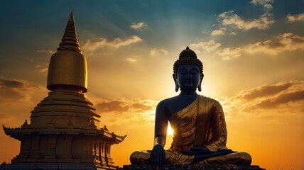 Fototapeta premium Magha Asanha Visakha Puja Day , Silhouette Buddha on golden sunset background, ai