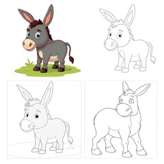 Fototapeta premium Cheerful Cartoon Donkey Coloring and Illustration, Grey Donkey Matching Line Art for Kids' Activities or Educational Fun.